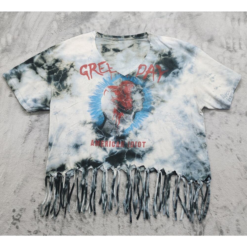 Green Day Top Womens XL Gray‎ Black Tie Dye Crop Fringe American Idiot Tour Tee